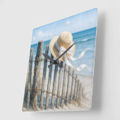 Summer Straw Hat On Beach Fence スクエア壁時計 (傾斜)