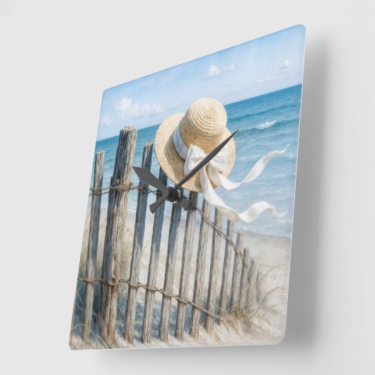 Summer Straw Hat On Beach Fence スクエア壁時計 (傾斜)