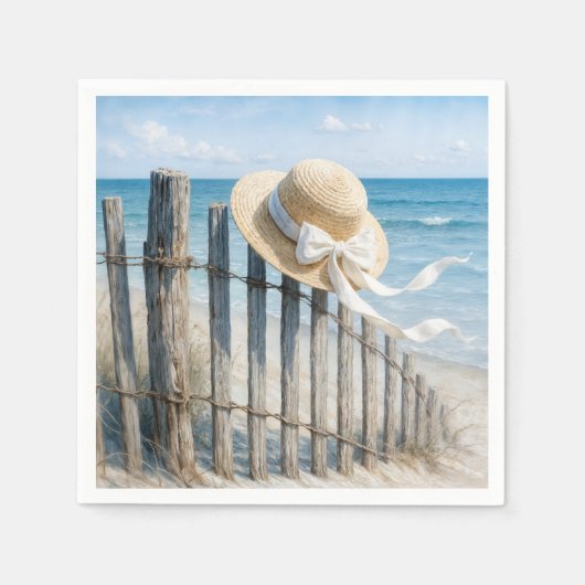 Summer Straw Hat On Beach Fence スタンダードカクテルナプキン (正面)
