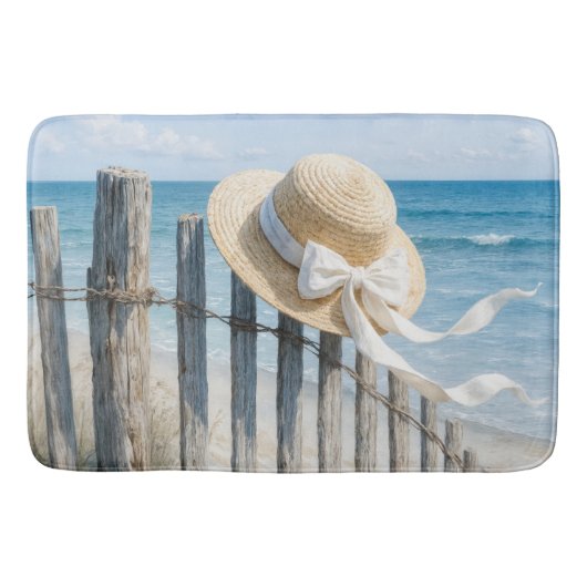 Summer Straw Hat On Beach Fence バスマット (正面)