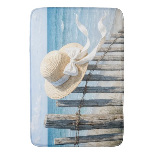 Summer Straw Hat On Beach Fence バスマット (正面縦)