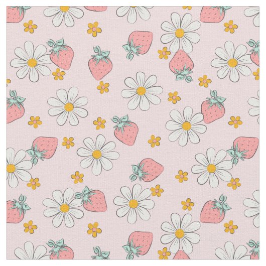 Summer Strawberry Daisy Floral  ファブリック (クローズアップ)