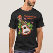 Summer Time Hawaii Ukulele Lute Flowers Tシャツ (正面)