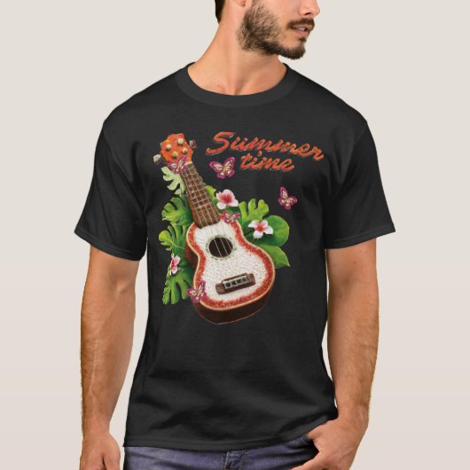 Summer Time Hawaii Ukulele Lute Flowers Tシャツ (正面)