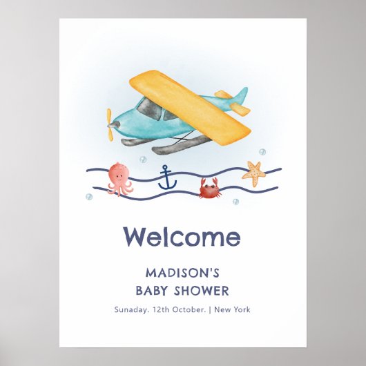 Summer Travel Sea Airplane Baby Shower Welcome ポスター (正面)