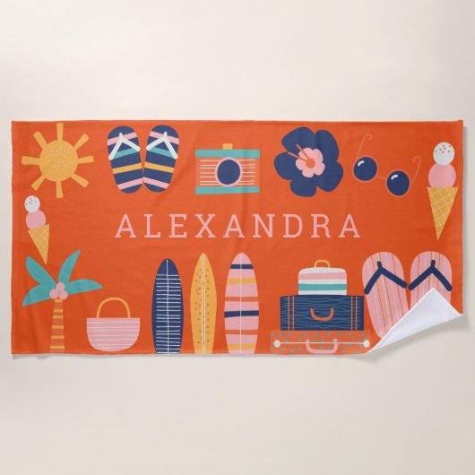 Summer Travel Theme Cute Orange Personalized  ビーチタオル (正面)