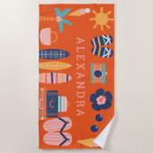 Summer Travel Theme Cute Orange Personalized  ビーチタオル (正面)