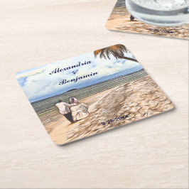 Summer Tropical Beach Wedding Watercolor Custom スクエアペーパーコースター