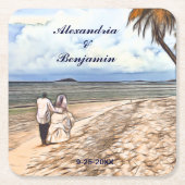 Summer Tropical Beach Wedding Watercolor Custom スクエアペーパーコースター (正面)