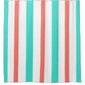 Summer Turquoise Coral White Vertical Stripes シャワーカーテン (正面)