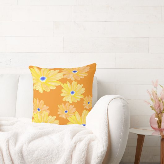 Summer Turquoise Yellow Floral Throw Pillow クッション (ソファ)