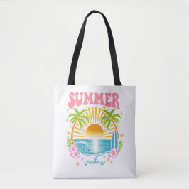 "Summer Vibes" ビビッドなボヘミアンスタイルのビーチヤシの木 トートバッグ