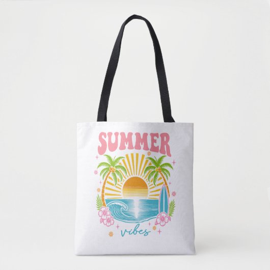 "Summer Vibes" Cheerful Boho Beach Palm Trees トートバッグ (正面)