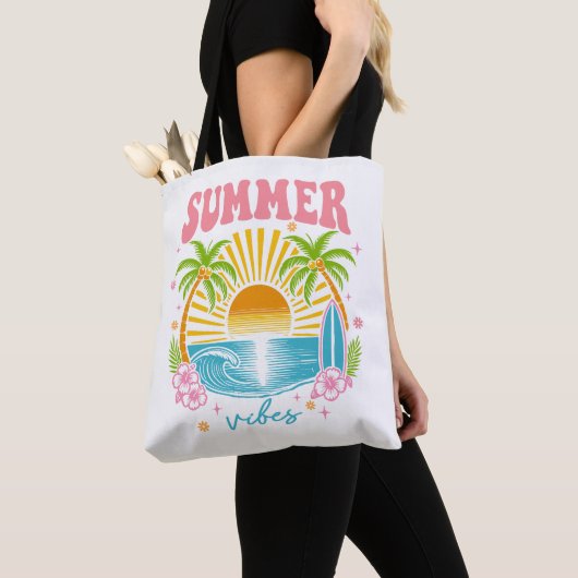 "Summer Vibes" Cheerful Boho Beach Palm Trees トートバッグ (クローズアップ)