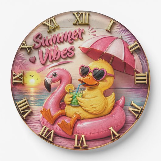 Summer Vibes Duck Cute Flamingo Pool Float Beach ペーパープレート (正面)