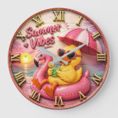 Summer Vibes Duck Cute Flamingo Pool Float Beach ラージ壁時計 (正面)