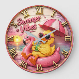 Summer Vibes Duck Cute Flamingo Pool Float Beach ラージ壁時計