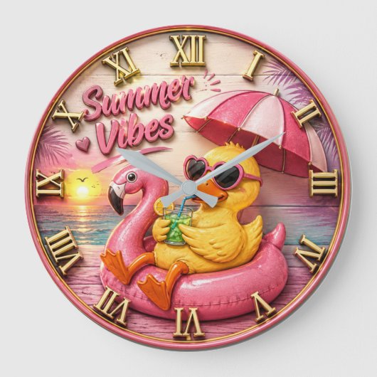 Summer Vibes Duck Cute Flamingo Pool Float Beach ラージ壁時計 (正面)
