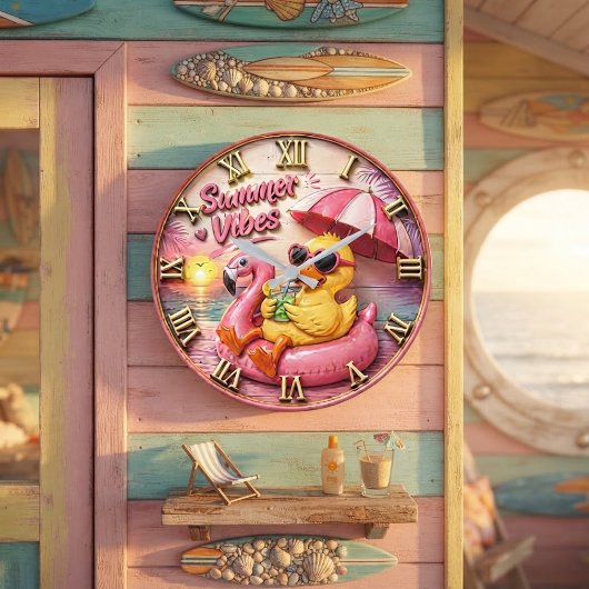 Summer Vibes Duck Cute Flamingo Pool Float Beach ラージ壁時計