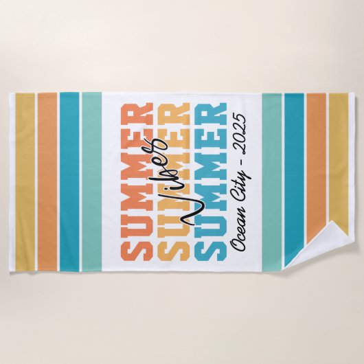 Summer Vibes Tropical Stripes Customizable ビーチタオル (正面)