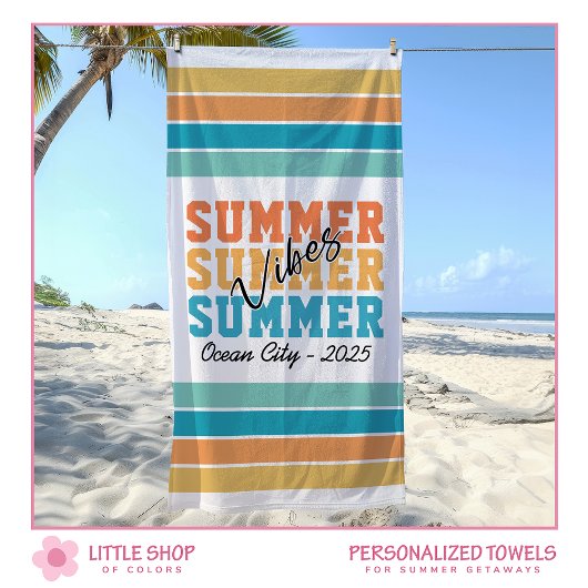 Summer Vibes Tropical Stripes Customizable ビーチタオル