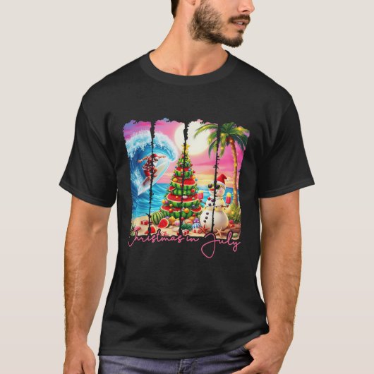 Summer Vibes Xmas in July Santa Surfing Beach Trip Tシャツ (正面)