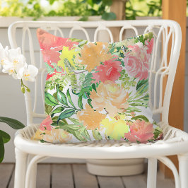 Summer Watercolor Botanical Peach Coral Yellow アウトドアクッション