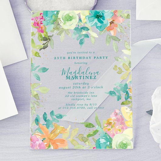 Summer Watercolor Floral 25th Birthday Clear アクリル招待状