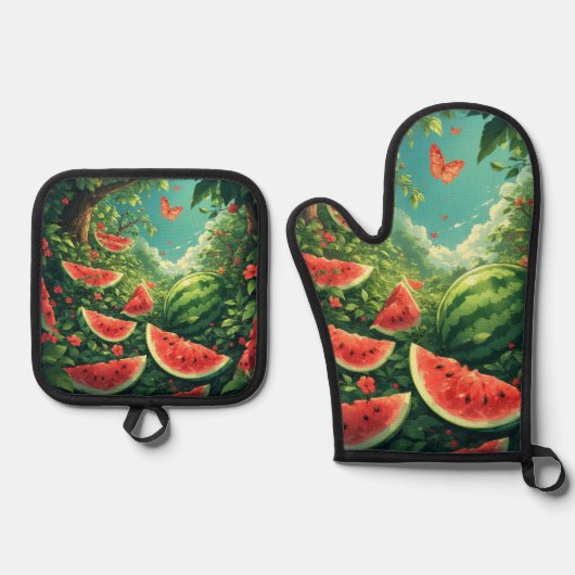 Summer Watermelon Garden – Colorful Nature Apron 鍋つかみ&鍋敷きセット (正面)