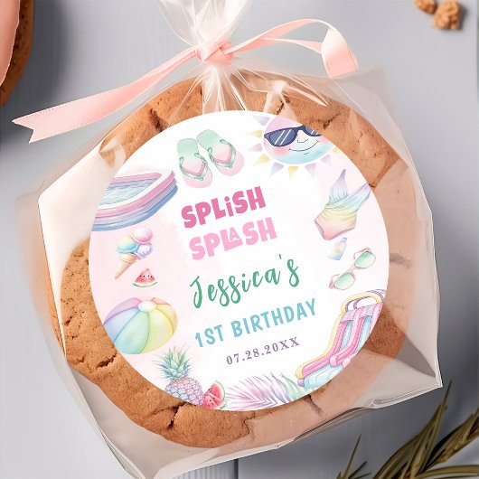 Summer Waterslide Girl Birthday Party ラウンドシール