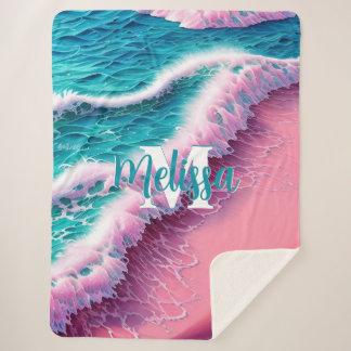 Summer Waves in Pink II Monogram シェルパブランケット