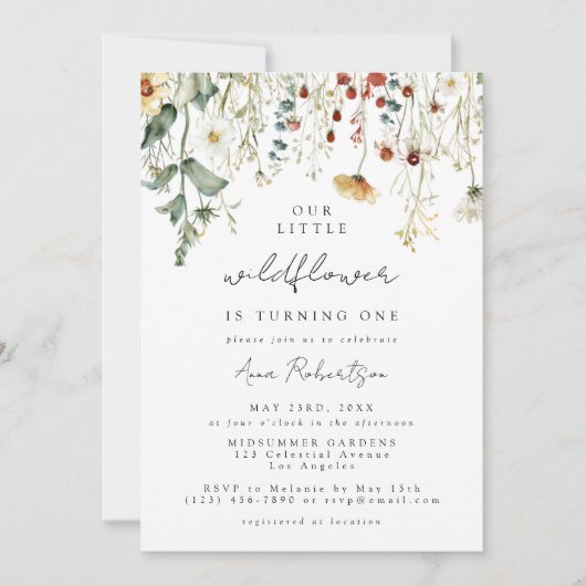 Summer Wildflower Field 1st Birthday Invitation 招待状 (正面)