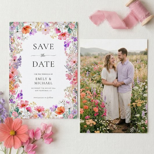 Summer Wildflower Wedding Flat Save The Date Card セーブザデート