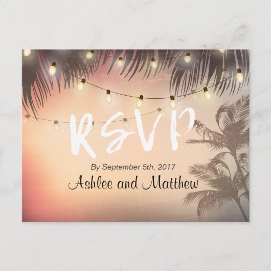Summer's 結婚 String Lights Palm Tree RSVP返信 インビテーションポストカード (正面)