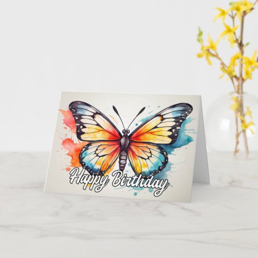 Summertime Butterfly Illustration Happy Birthday カード (黄色い花)