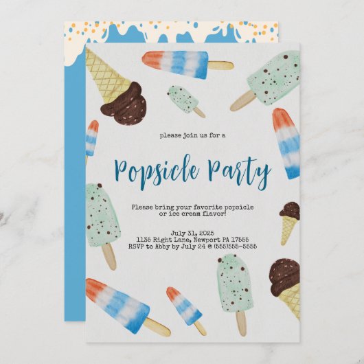 Summertime Watercolor Popsicle Party Invitation 招待状 (正面/裏面)