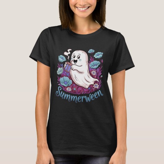 Summerween Blue Floral Ghost Cute Pastel Spooky Tシャツ (正面)