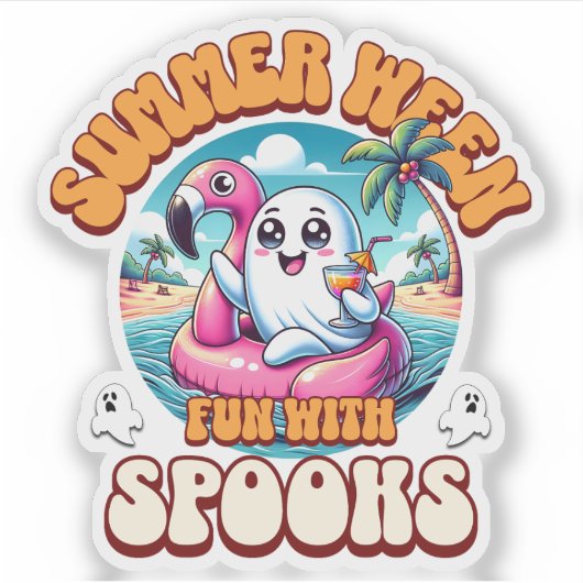 Summerween Cute Ghost Flamingo Float Beach Cartoon シール (正面)