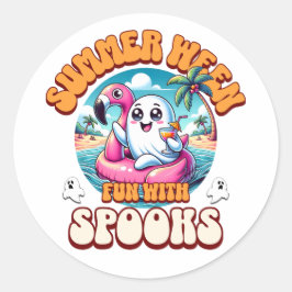 Summerween Cute Ghost Flamingo Float Beach Party ラウンドシール