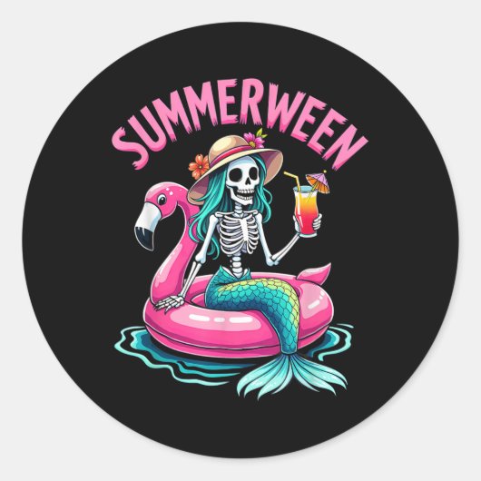 Summerween Mermaid Skeleton Beach Flamingo Hallowe ラウンドシール (正面)