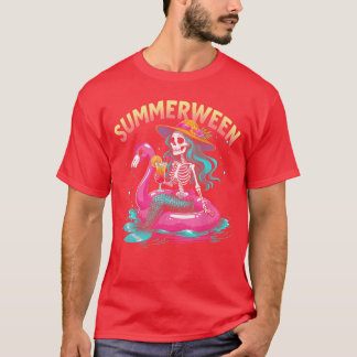 Summerween Mermaid Skeleton Beach Flamingo Hallowe Tシャツ