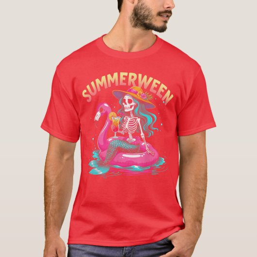 Summerween Mermaid Skeleton Beach Flamingo Hallowe Tシャツ (正面)