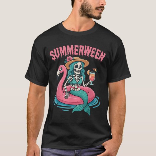 Summerween Mermaid Skeleton Beach Flamingo Hallowe Tシャツ (正面)
