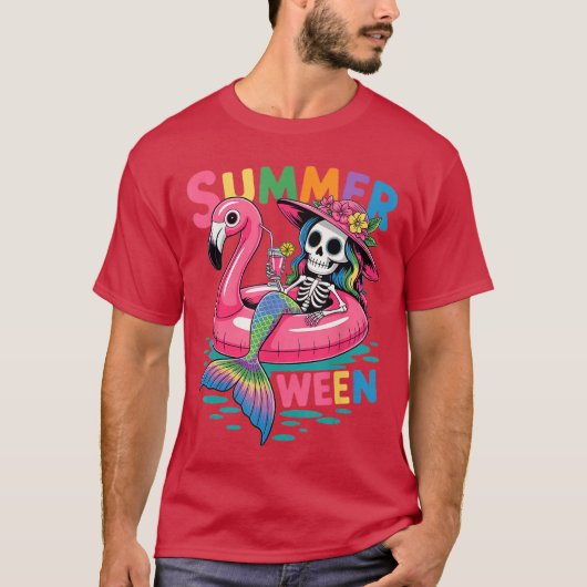 Summerween Mermaid Skeleton Beach Flamingo Hallowe Tシャツ (正面)