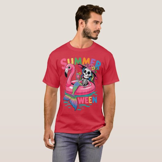 Summerween Mermaid Skeleton Beach Flamingo Hallowe Tシャツ (正面フル)