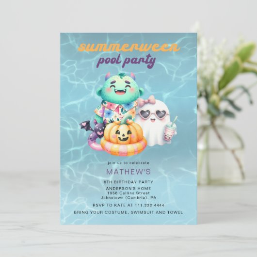 Summerween Pool Party Kids Birthday Party Any Age 招待状 (スタンド正面)