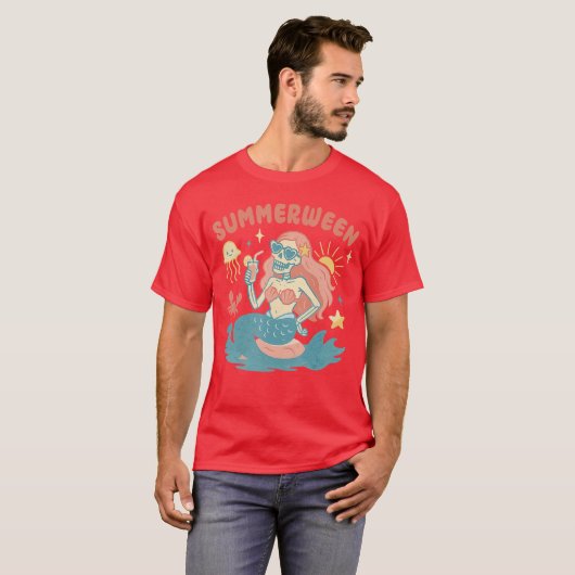 Summerween Skeleton Mermaid Beach Flamingo Hallowe Tシャツ (正面フル)