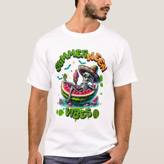 Summerween Skeleton on Watermelon Boat Ice Cream Tシャツ (正面)