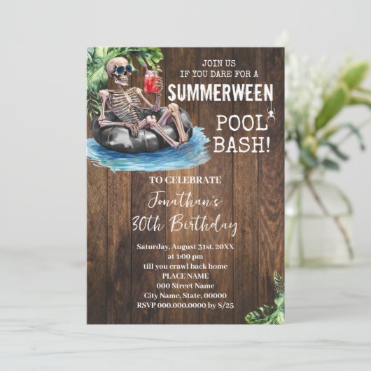 Summerween Skeleton Tropical Halloween Birthday 招待状 (スタンド正面)