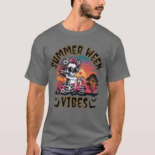 Summerween Skeleton Vibes – Floral Sunset Retro Tシャツ (正面)